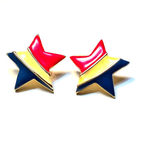 Vintage Heavy Goldtone Patriotic Red White Blue Enameled Star Stud Earrings - Picture 1 of 7